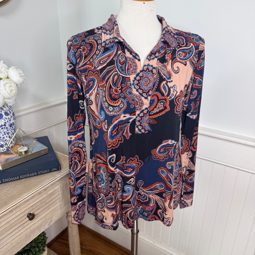 Johnny Was Los Angeles Womens Paisley Bamboo Knit Long Sleeve Top Navy Coral S